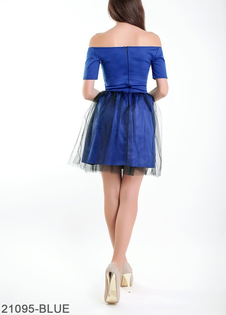 Синее кэжуал очаровательное платье со спущенными плечами и фатиновой юбкой felisia Podium однотонное