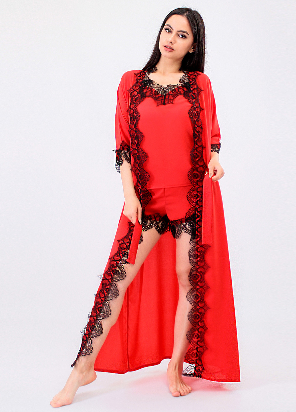 Красный демисезонный комплект (халат, топ, шорты) Ghazel