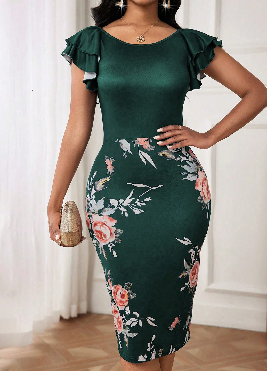 Темно-зеленое вечернее платье силуэтная SHEIN с цветочным принтом
