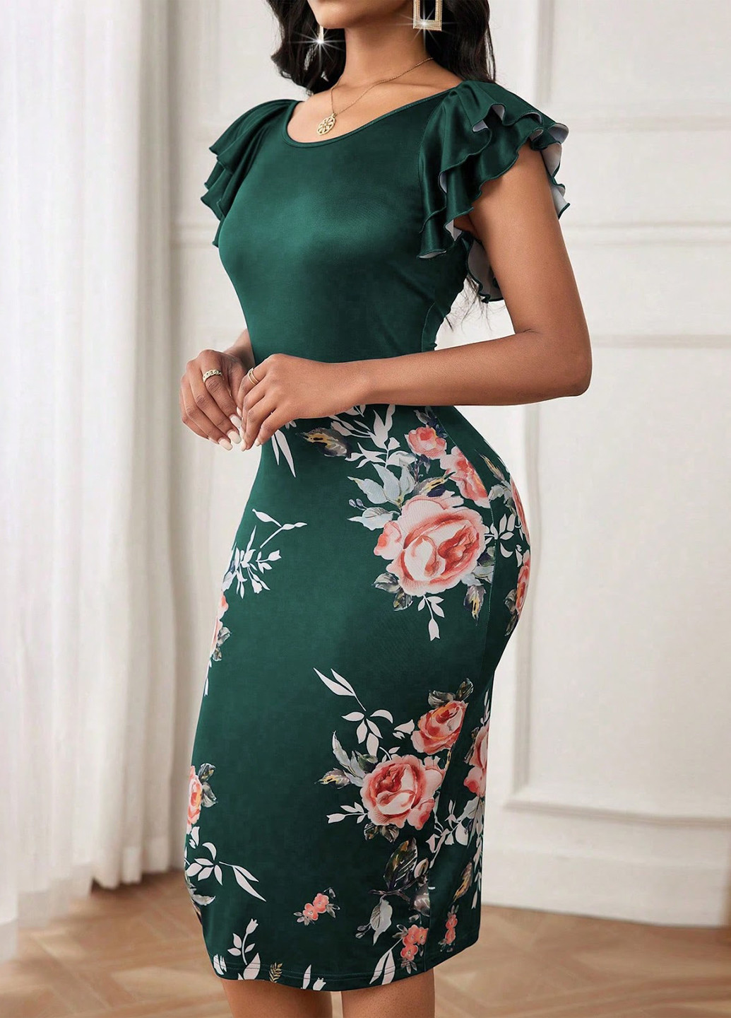 Темно-зеленое вечернее платье силуэтная SHEIN с цветочным принтом