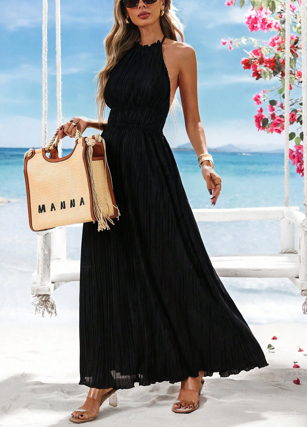 Черное кэжуал платье с открытой спиной SHEIN однотонное