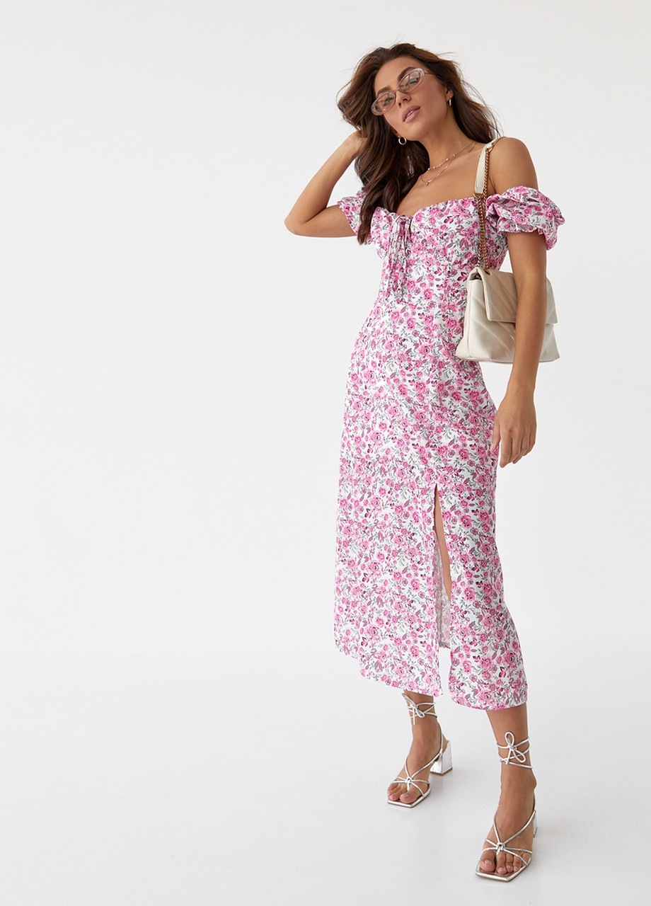 Розовое кэжуал цветочное платье миди с разрезом No Brand с цветочным принтом