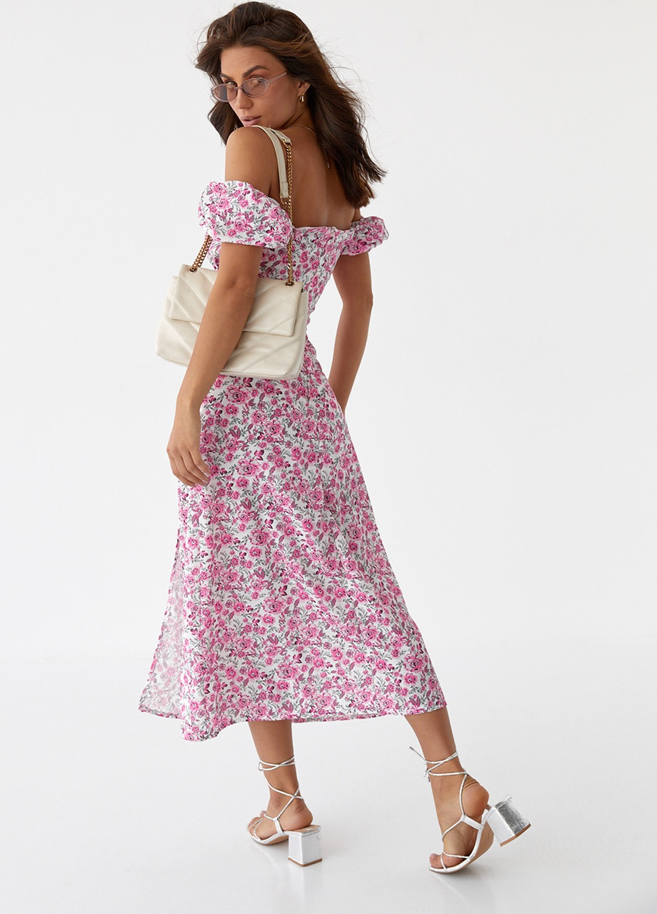 Рожева кежуал квіткова сукня міді із розрізом No Brand з квітковим принтом