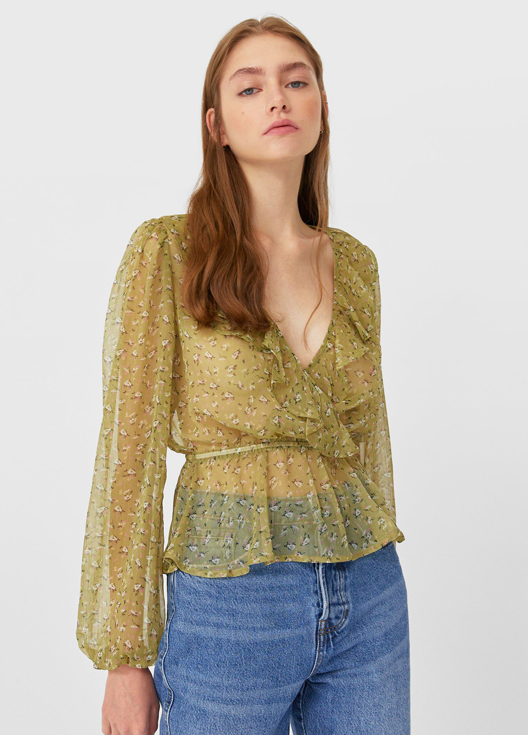 Оливкова блуза з баскою Stradivarius