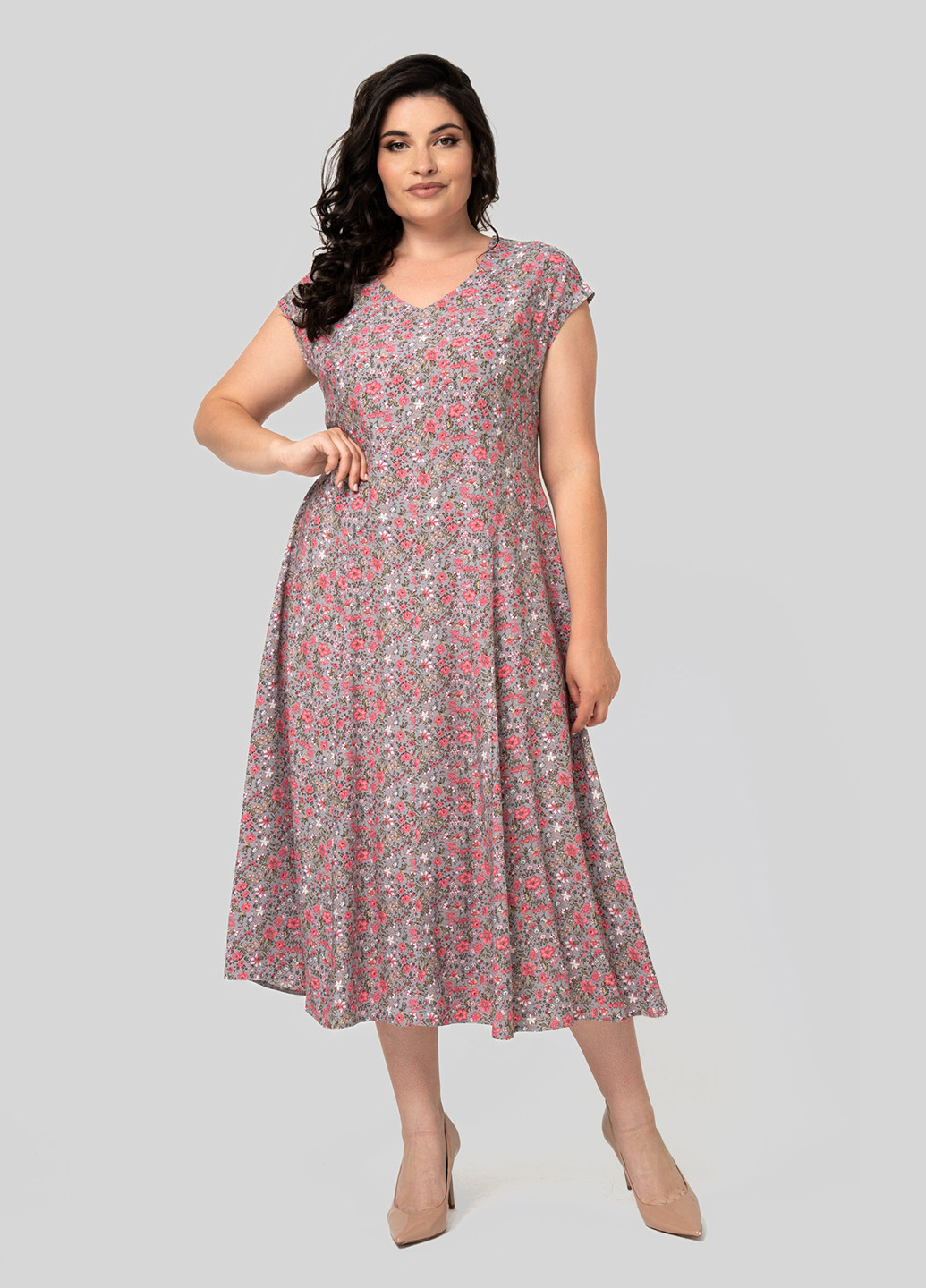 Серое кэжуал платье а-силуэт A'll Posa с цветочным принтом