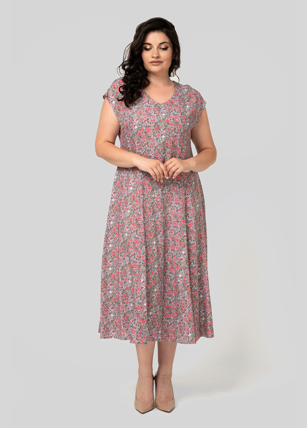 Серое кэжуал платье а-силуэт A'll Posa с цветочным принтом