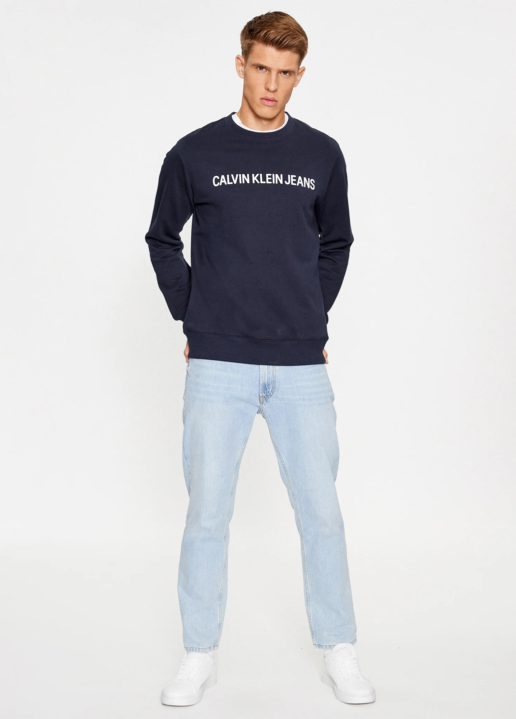 Синий свитшот Calvin Klein логотип без декора (302147026)