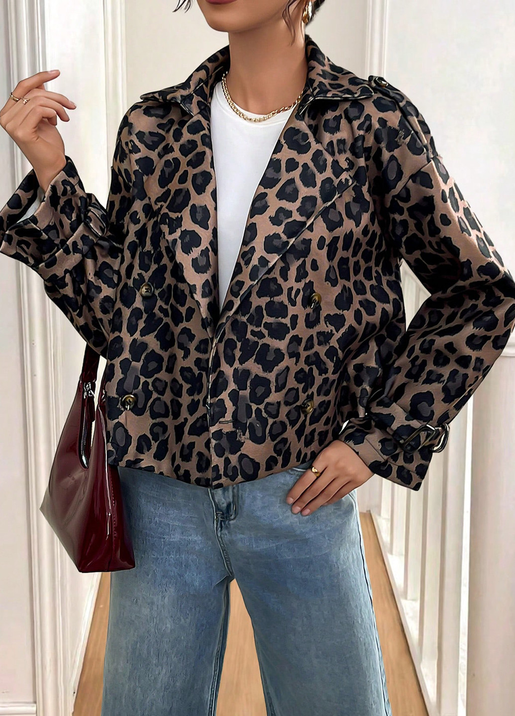 Сіро-коричневе Кежуал напівпальто двобортне SHEIN леопардове