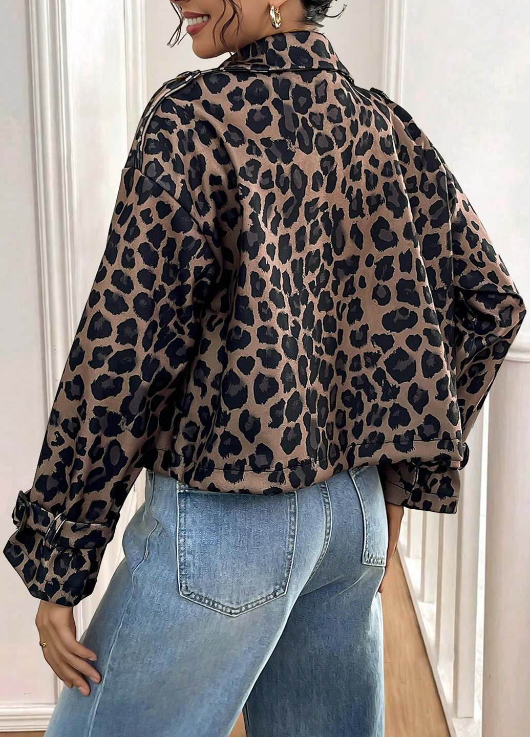 Сіро-коричневе Кежуал напівпальто двобортне SHEIN леопардове