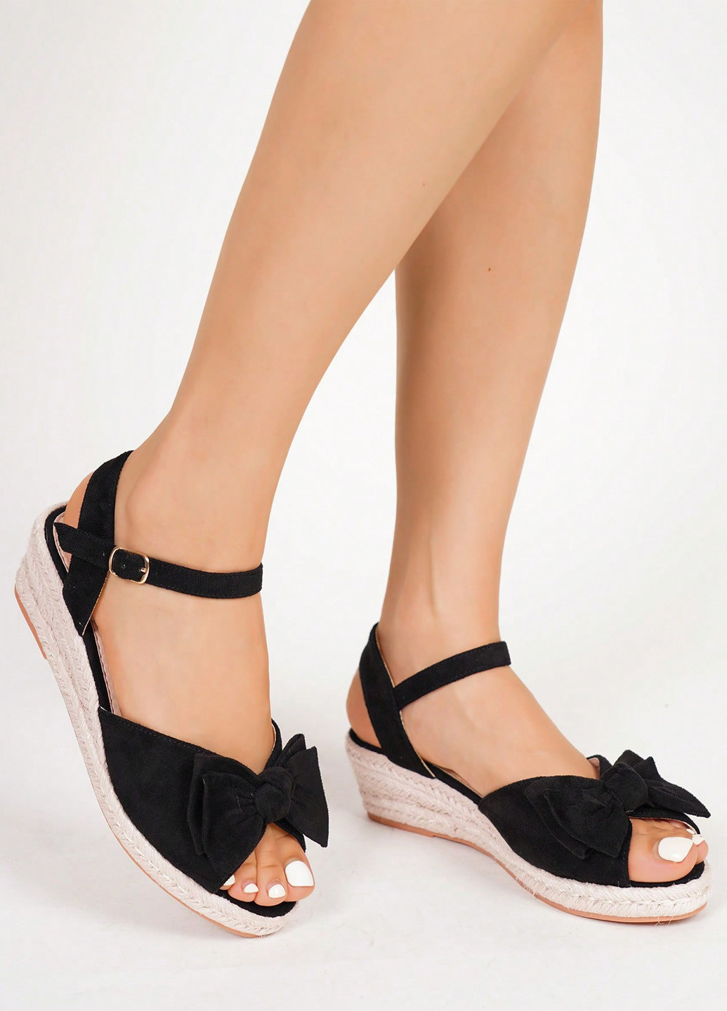 Черные босоножки SHEIN с ремешком с бантом, на плетеной подошве
