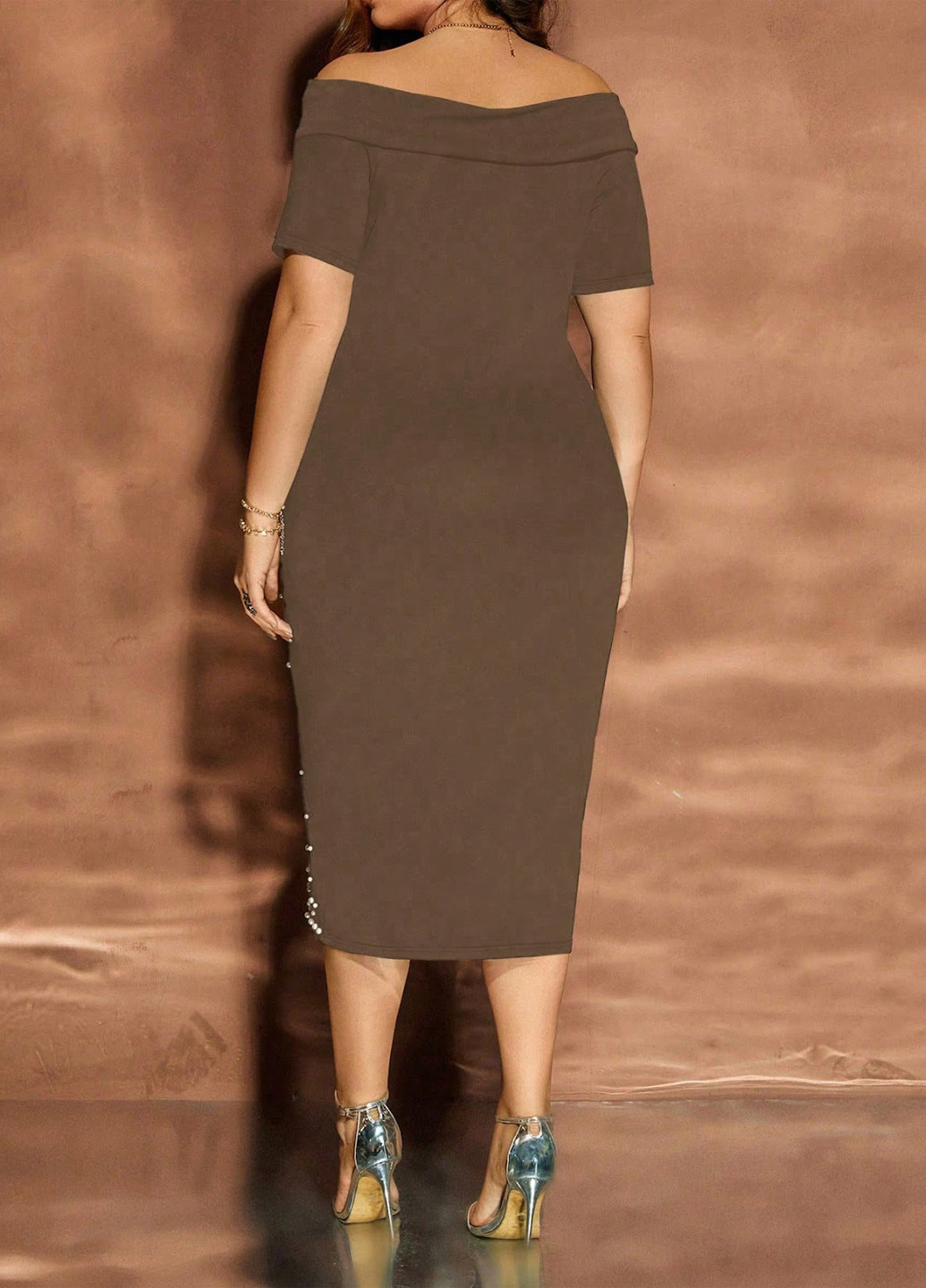 Коричнева святковий, вечірня сукня з відкритими плечима, футляр SHEIN однотонна