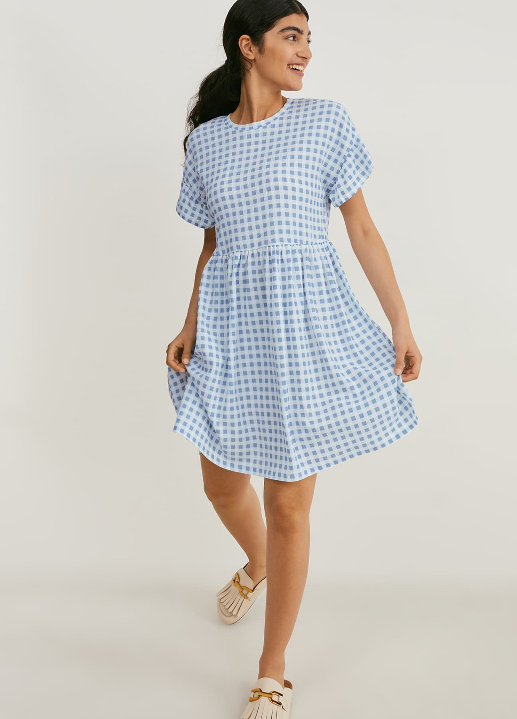 Блакитна кежуал сукня сукня-футболка C&A в клітинку
