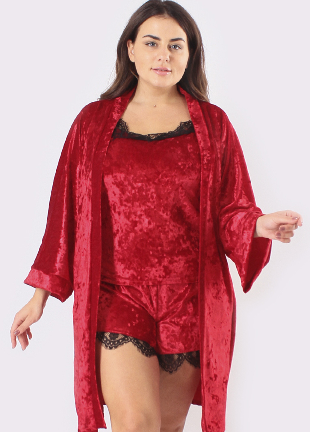 Красный демисезонный комплект (топ, шорты, халат) Ghazel
