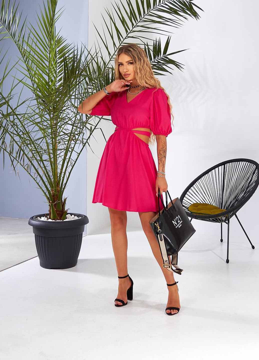 Розовое кэжуал платье клеш No Brand однотонное