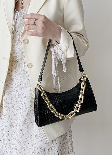 Женская сумочка через плечо багет на ремешке толстой цепочке рептилия крокодиловая кожа черная NoName (251204277)