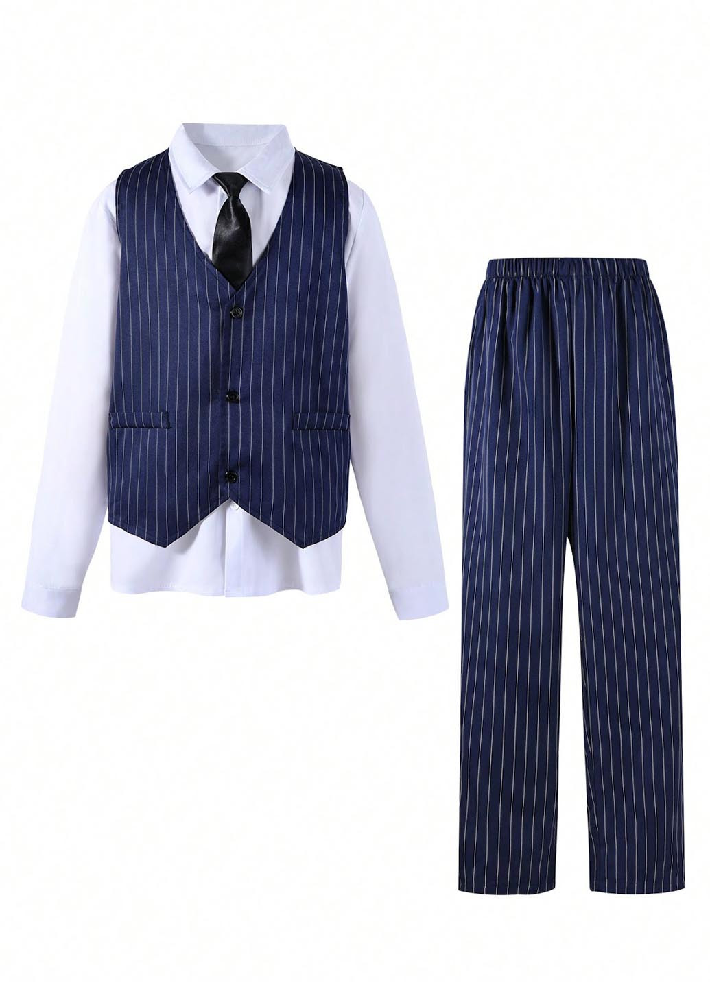 Темно-синий демисезонный костюм (рубашка, жилет, брюки) тройка, с рубашкой, брючный SHEIN