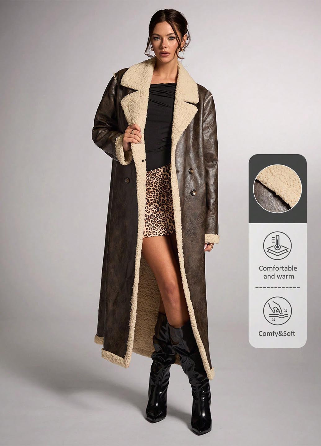 Темно-коричневе зимнє Пальто двобортне SHEIN