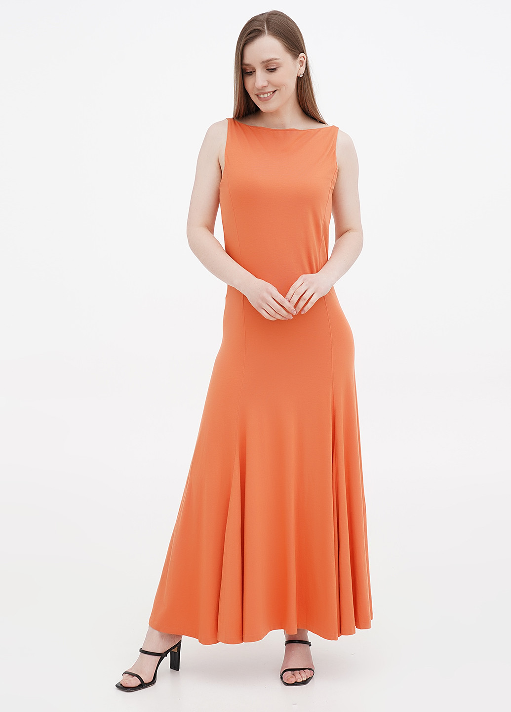 Терракотовое кэжуал платье клеш, с открытой спиной Ralph Lauren однотонное