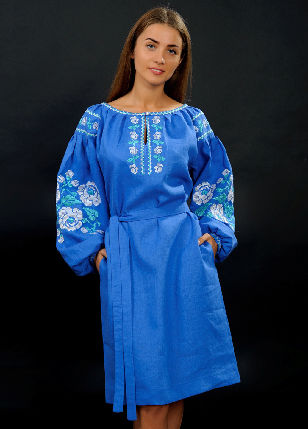 Світло-синя кежуал плаття, сукня Vyshyvanka з орнаментом
