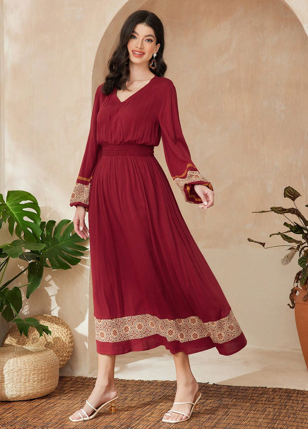 Вишнева кежуал сукня кльош SHEIN з орнаментом