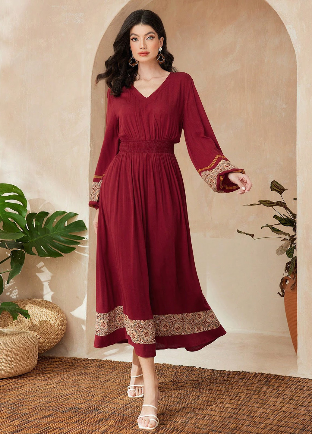 Вишнева кежуал сукня кльош SHEIN з орнаментом