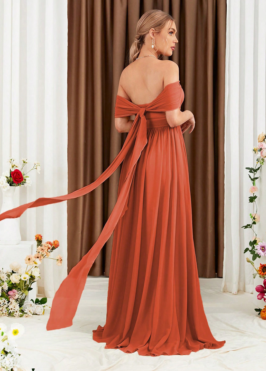 Терракотовое кэжуал платье с юбкой-солнце, с открытыми плечами SHEIN однотонное