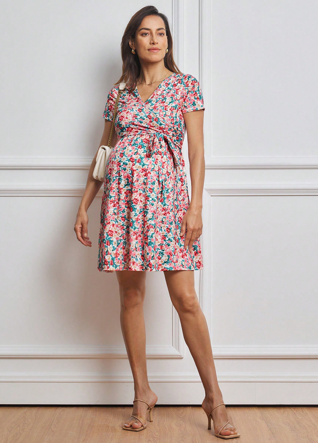 Рожева кежуал сукня для вагітних і годуючих з спідницею-сонце, в стилі армпір SHEIN з квітковим принтом