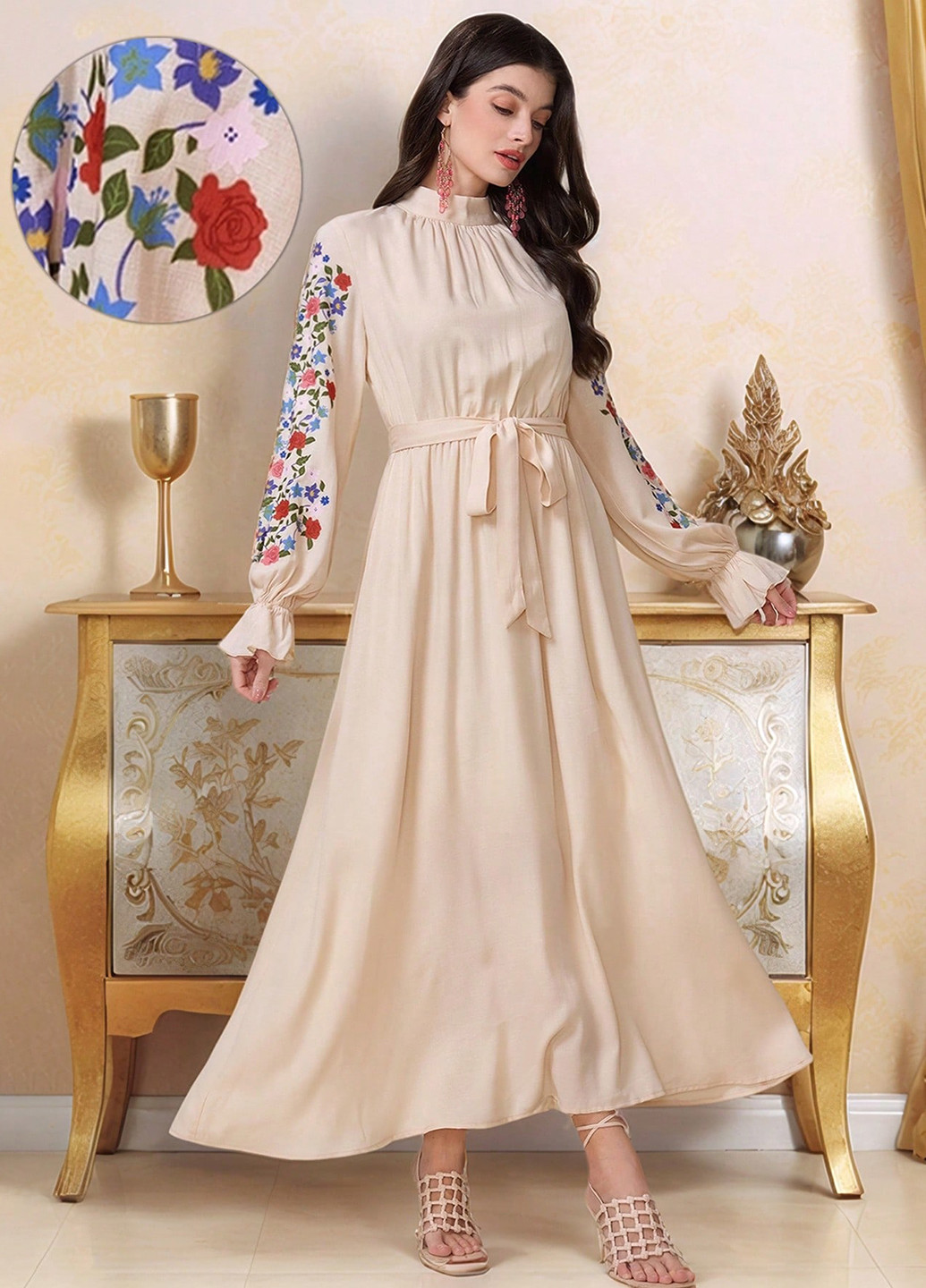 Кремовое вечернее, кэжуал платье с юбкой-солнце SHEIN с цветочным принтом