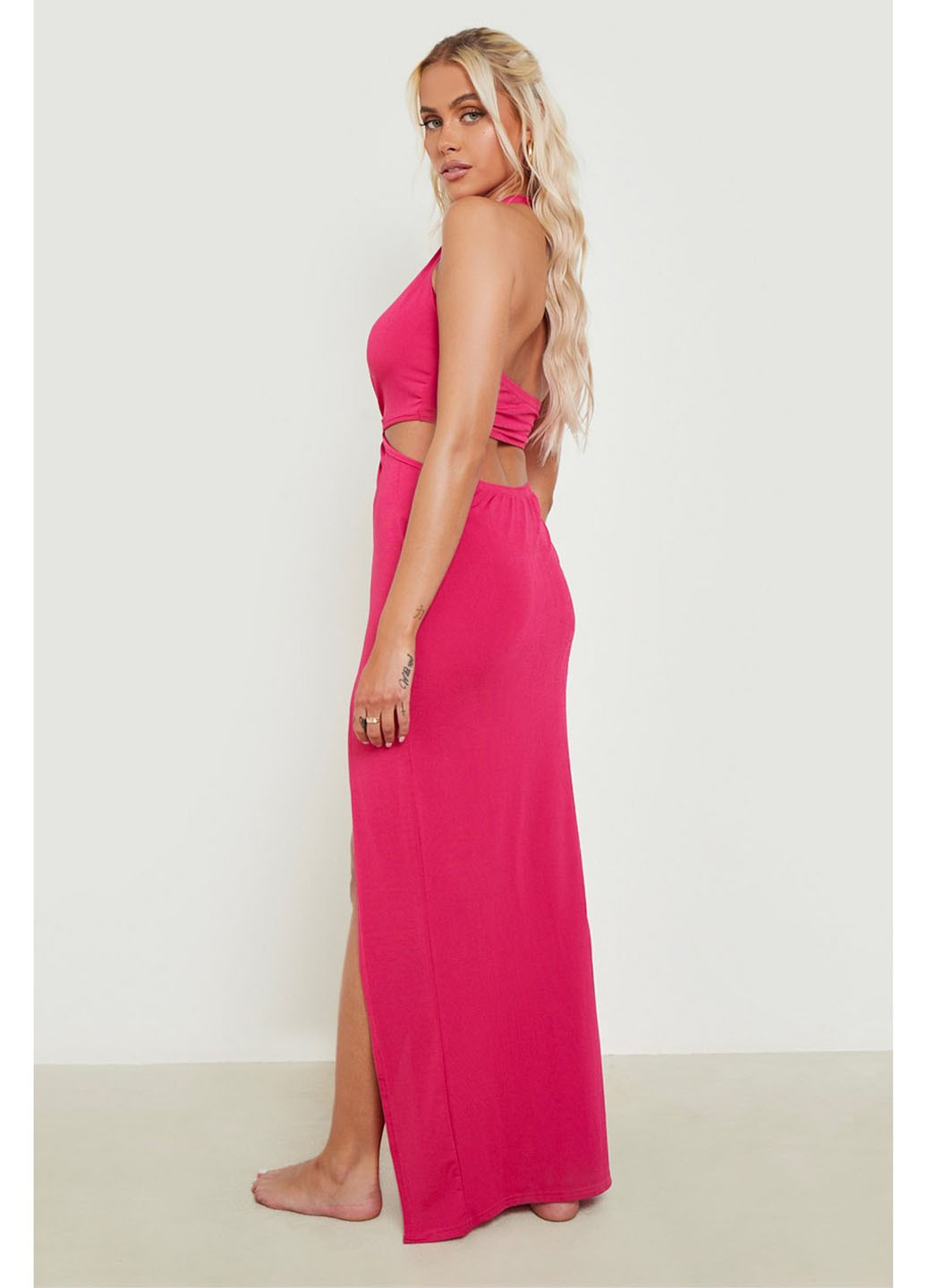 Фуксиновое (цвета Фуксия) праздничный, коктейльное, вечернее платье силуэтная, с открытой спиной Boohoo однотонное