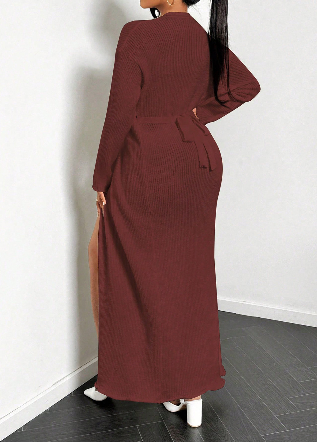 Бордова святковий, вечірня, кежуал сукня на запах, сукня светр SHEIN однотонна