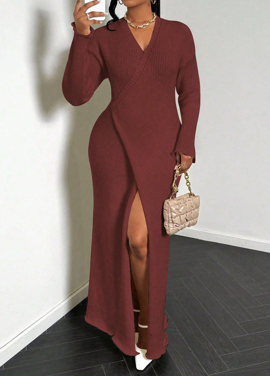 Бордова святковий, вечірня, кежуал сукня на запах, сукня светр SHEIN однотонна