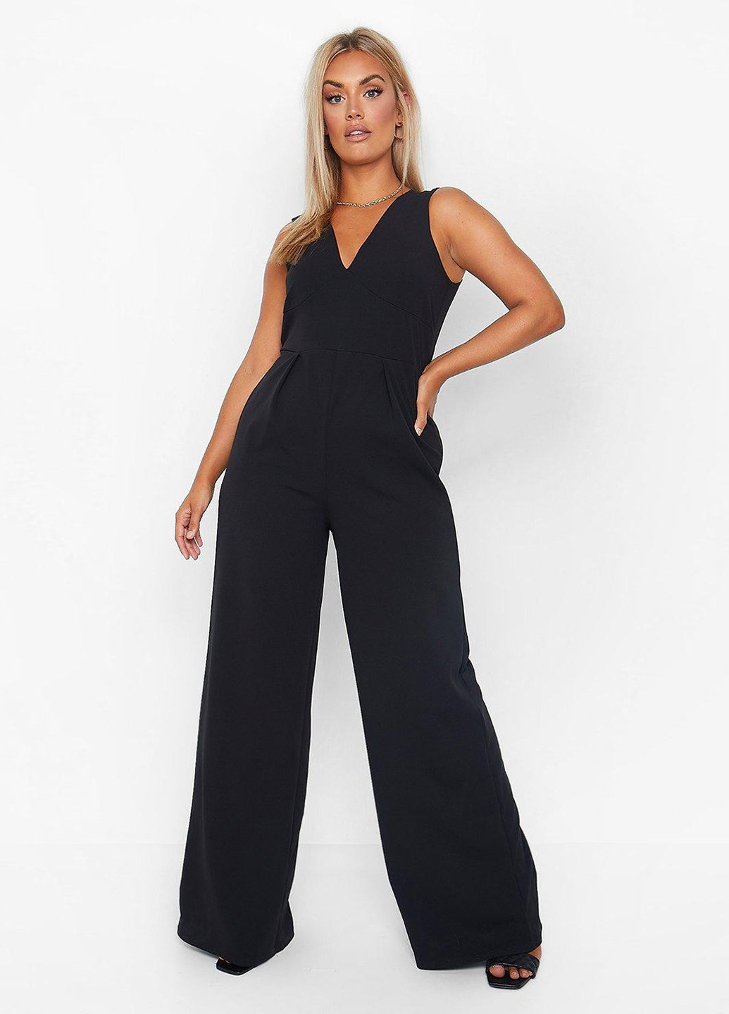 Комбинезон Boohoo комбинезон-брюки однотонный чёрный кэжуал полиэстер