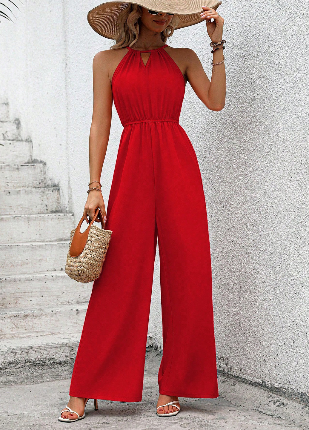 Комбінезон SHEIN комбінезон-брюки однотонний червоний кежуал поліестер