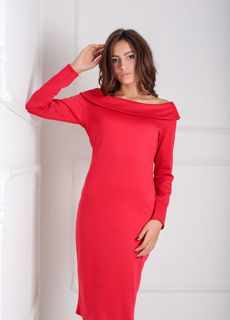 Червона кежуал стильне трикотажне плаття з відворотом на плечах krespo Podium однотонна