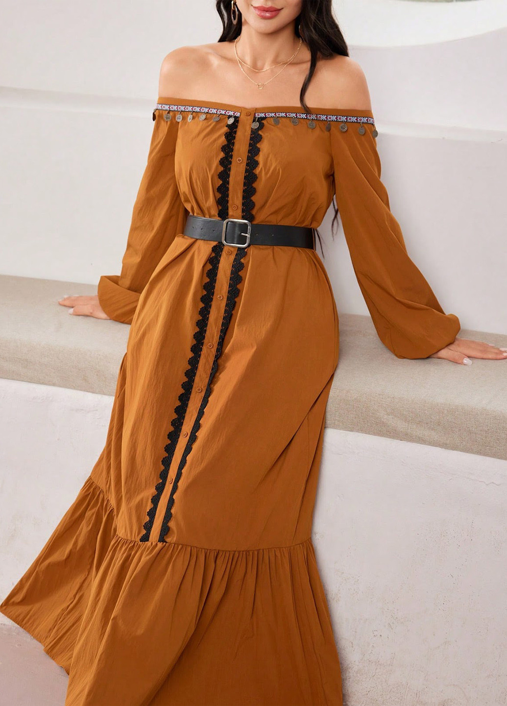 Гірчична кежуал сукня з відкритими плечима SHEIN однотонна