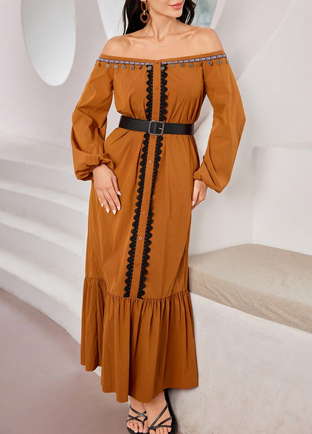 Гірчична кежуал сукня з відкритими плечима SHEIN однотонна