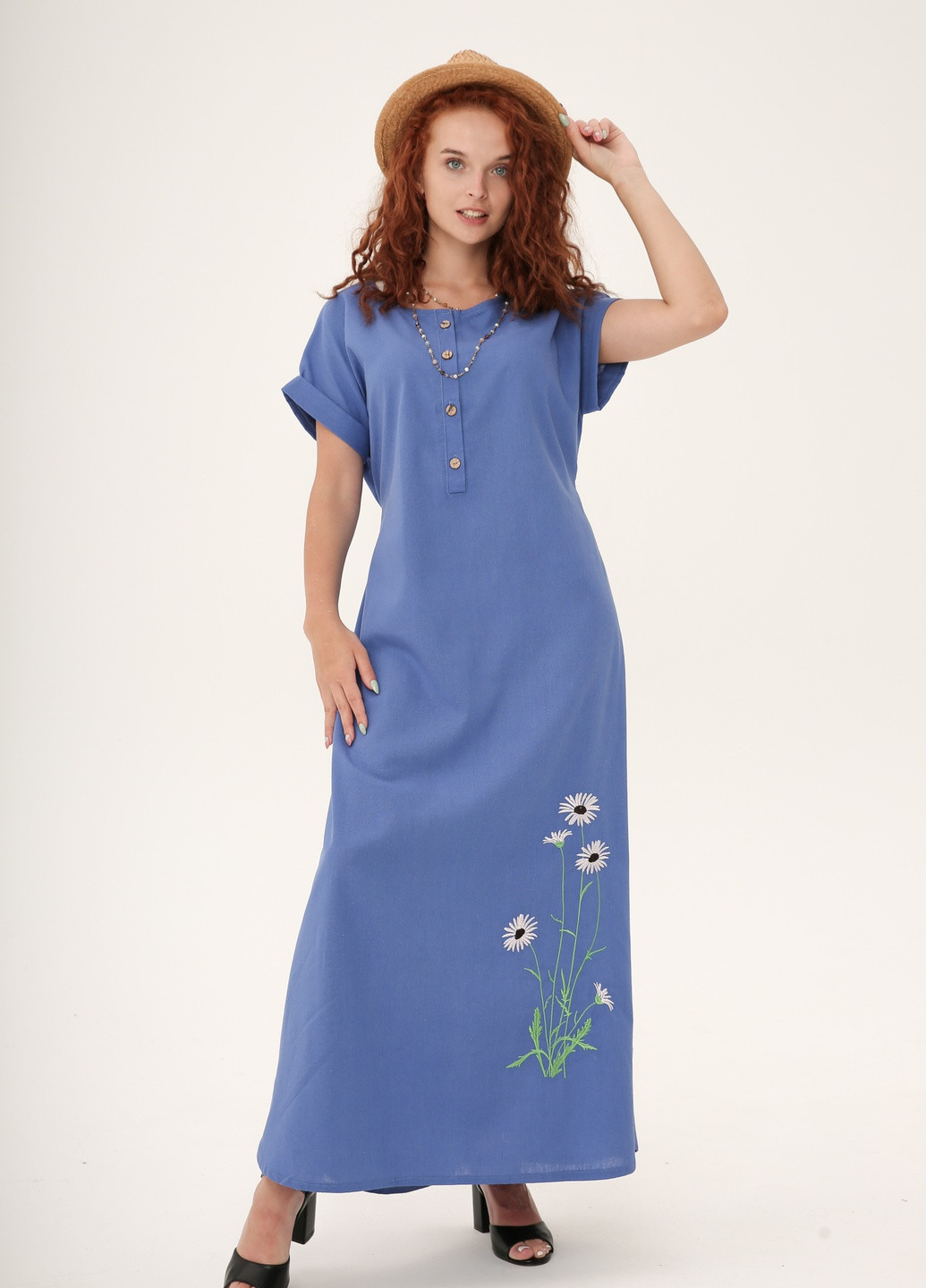 Синя кежуал довга лляна сукня з вишивкою "ромашки" INNOE однотонна