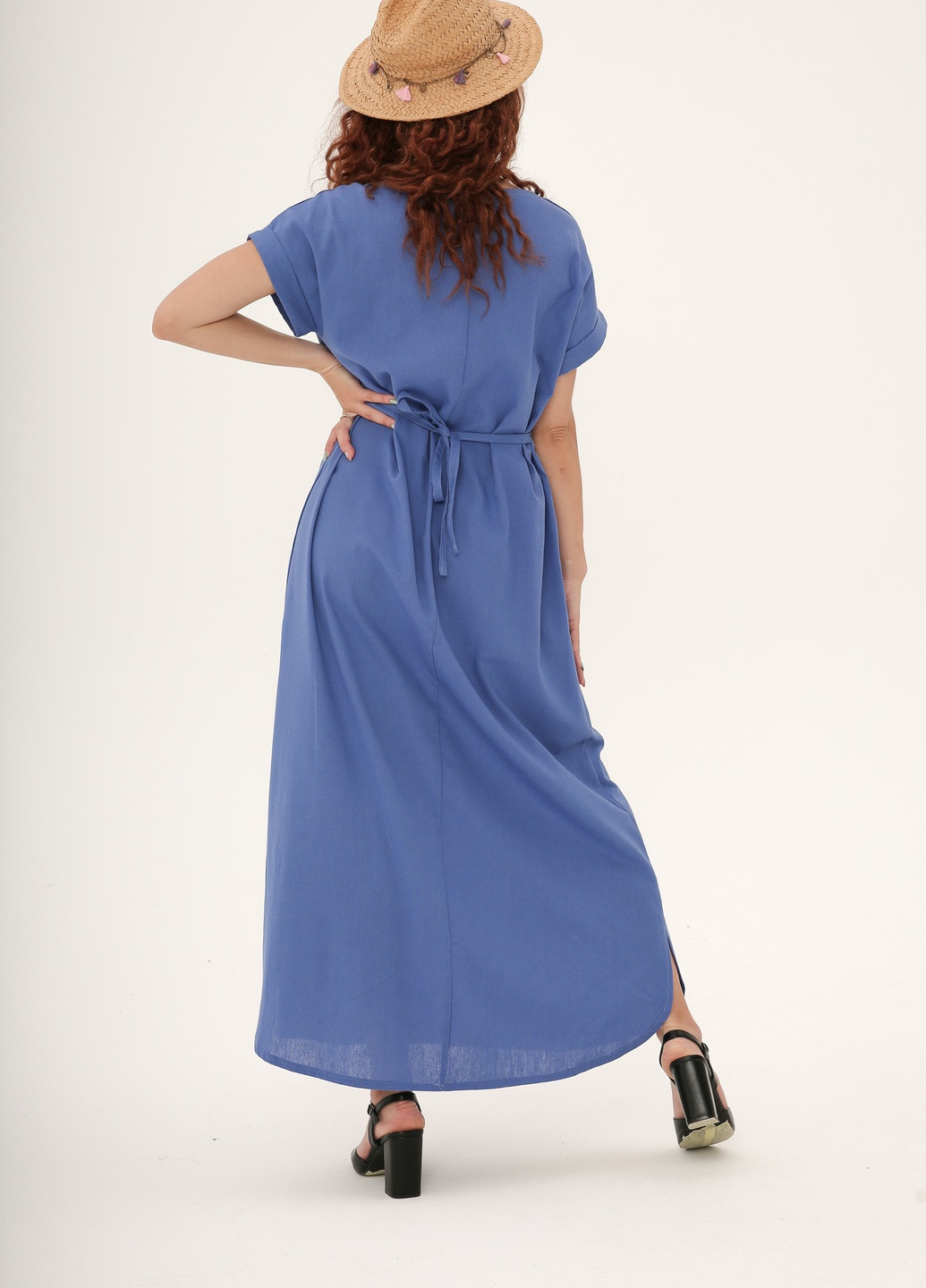 Синя кежуал довга лляна сукня з вишивкою "ромашки" INNOE однотонна