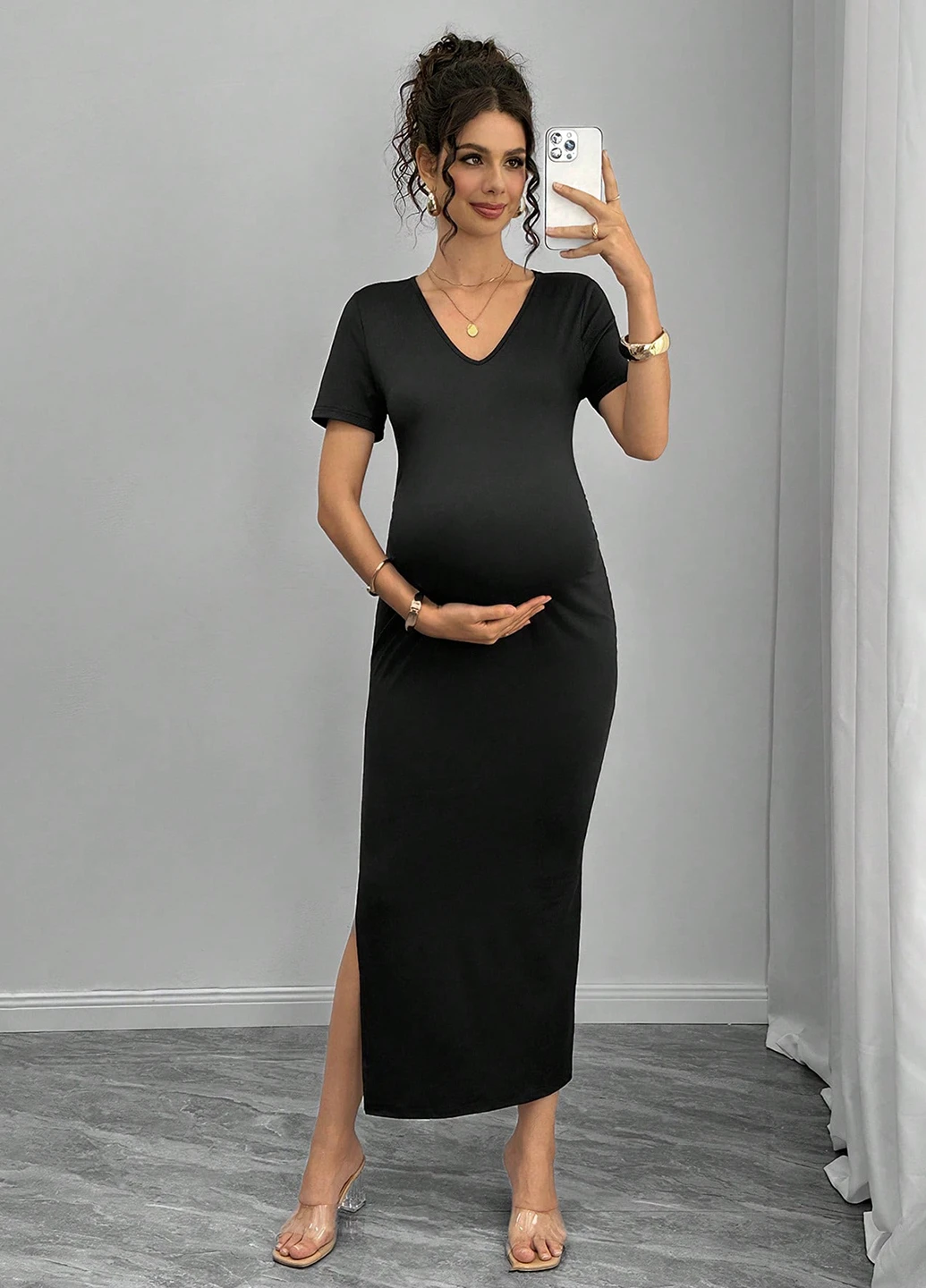Черное кэжуал платье для беременных SHEIN однотонное