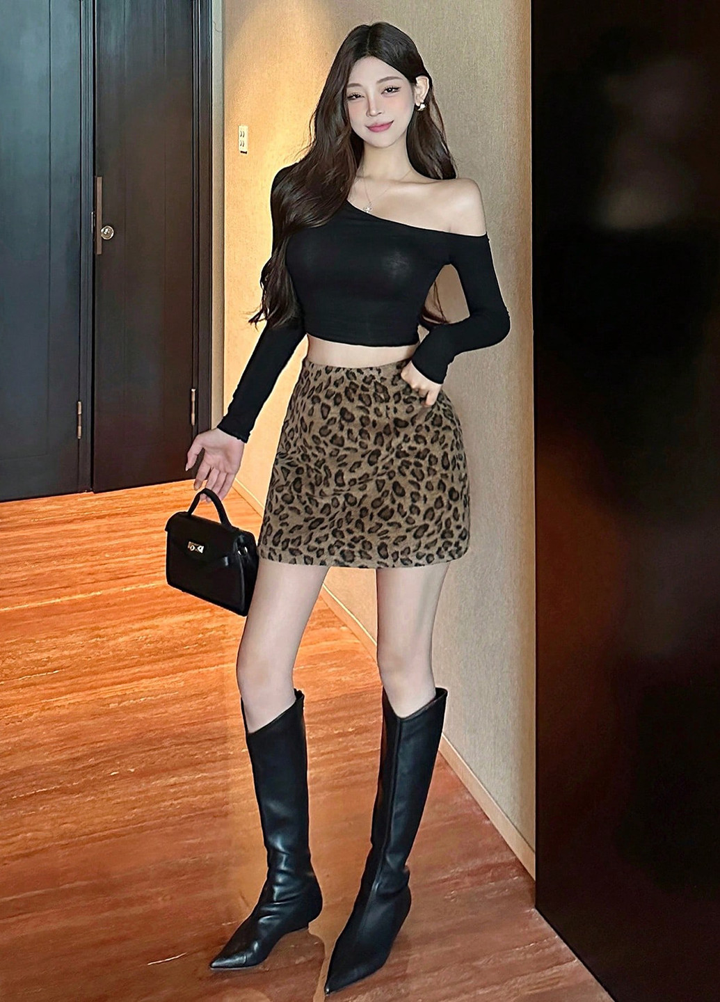 Коричневая кэжуал леопардовая юбка SHEIN а-силуэта (трапеция)