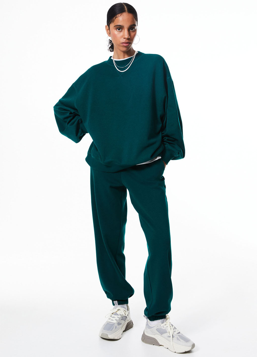 Свитшот H&M - Свободный крой однотонный темно-зеленый кэжуал хлопок, футер - (292951891)