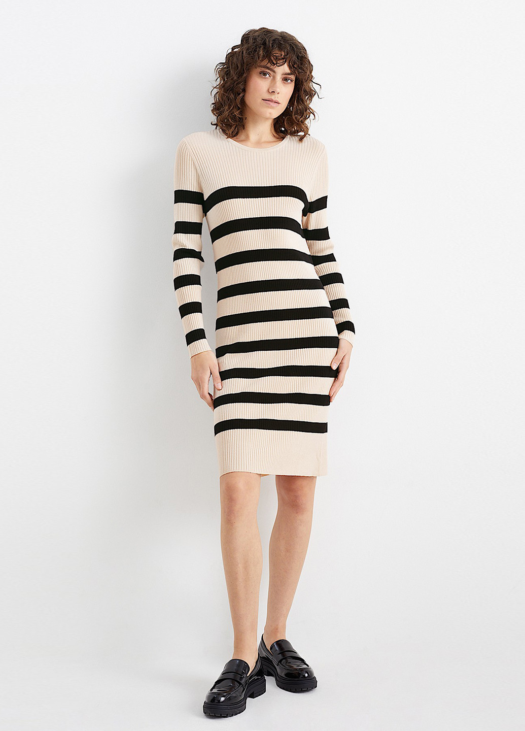 Бежевое кэжуал платье силуэтная, платье-свитер C&A в полоску