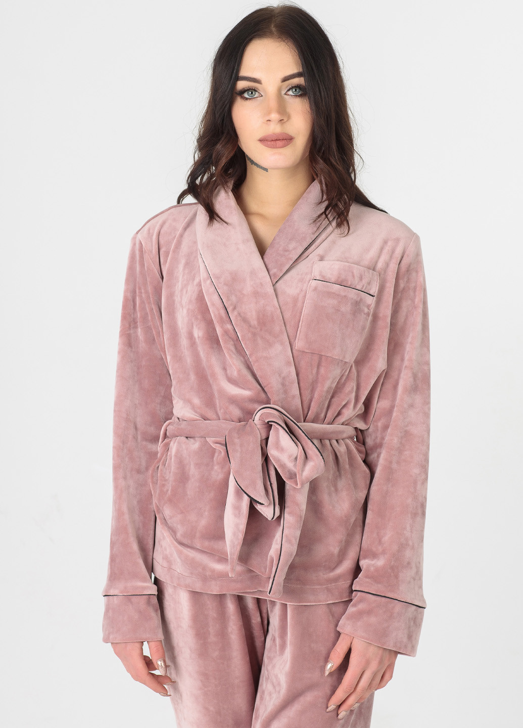 Рожева всесезон велюрова рожева піжама (халат + штани) кофта + брюки SONTSVIT