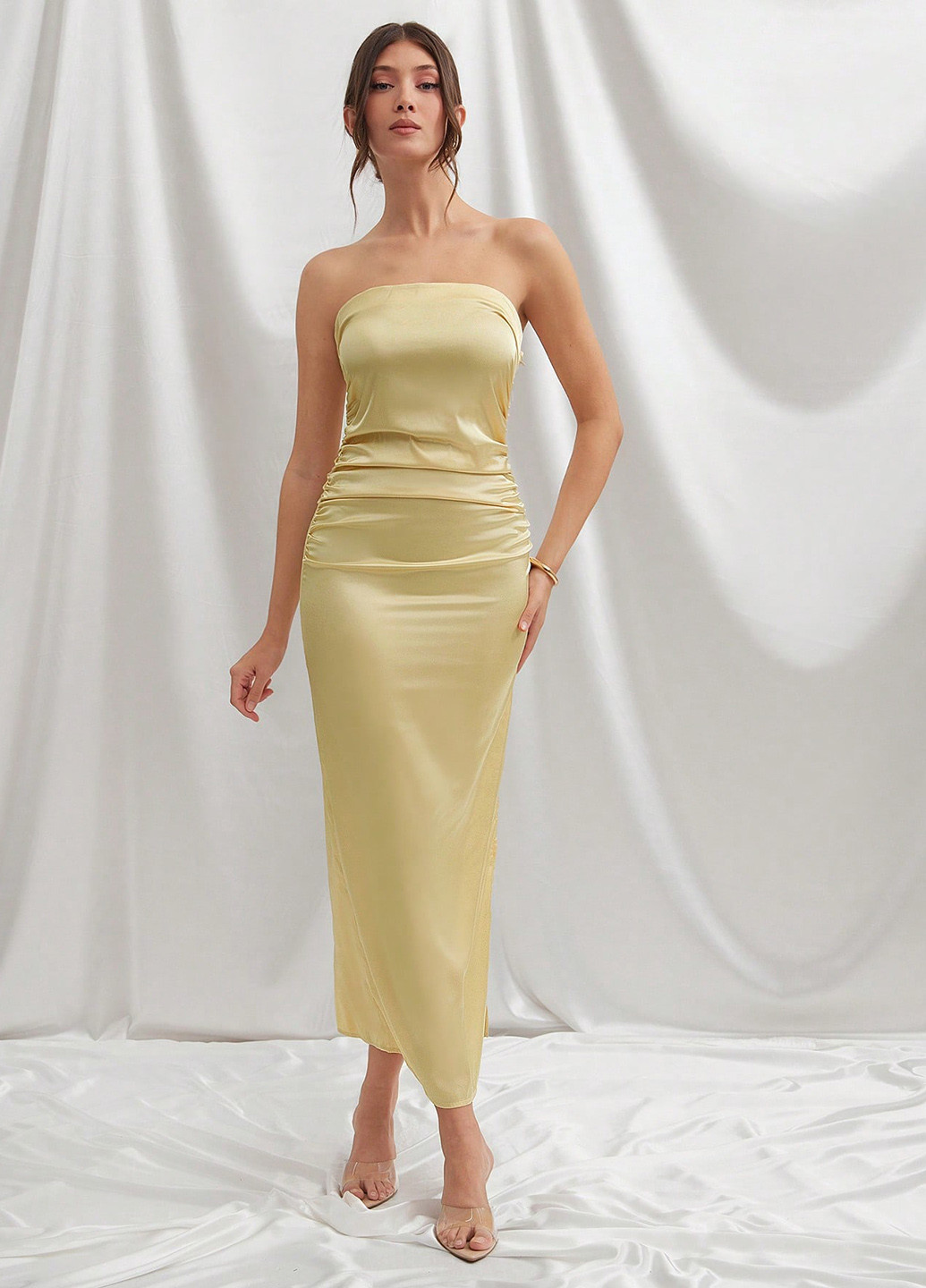 Светло-желтое праздничный, коктейльное, вечернее платье бандо SHEIN однотонное