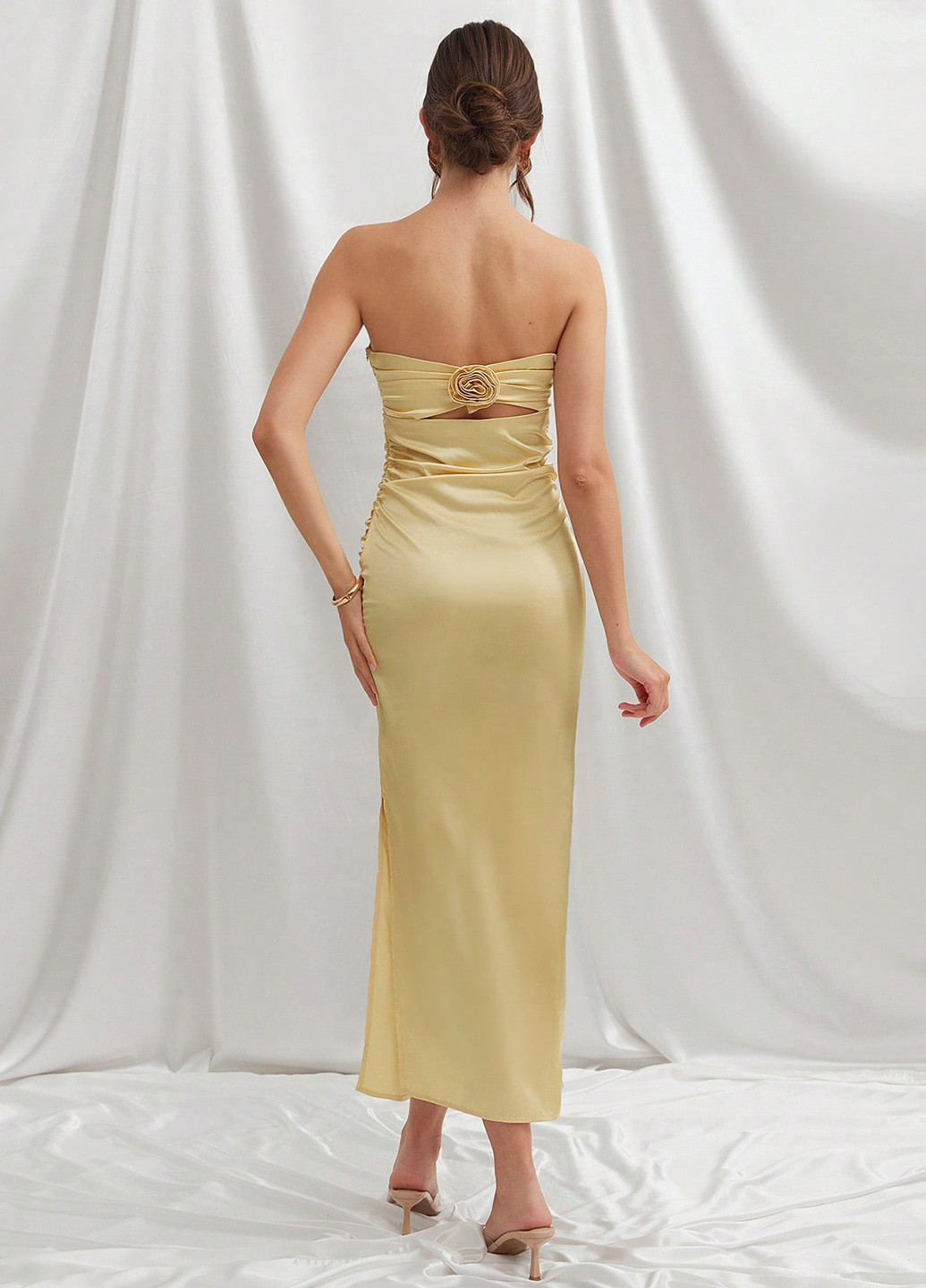Светло-желтое праздничный, коктейльное, вечернее платье бандо SHEIN однотонное