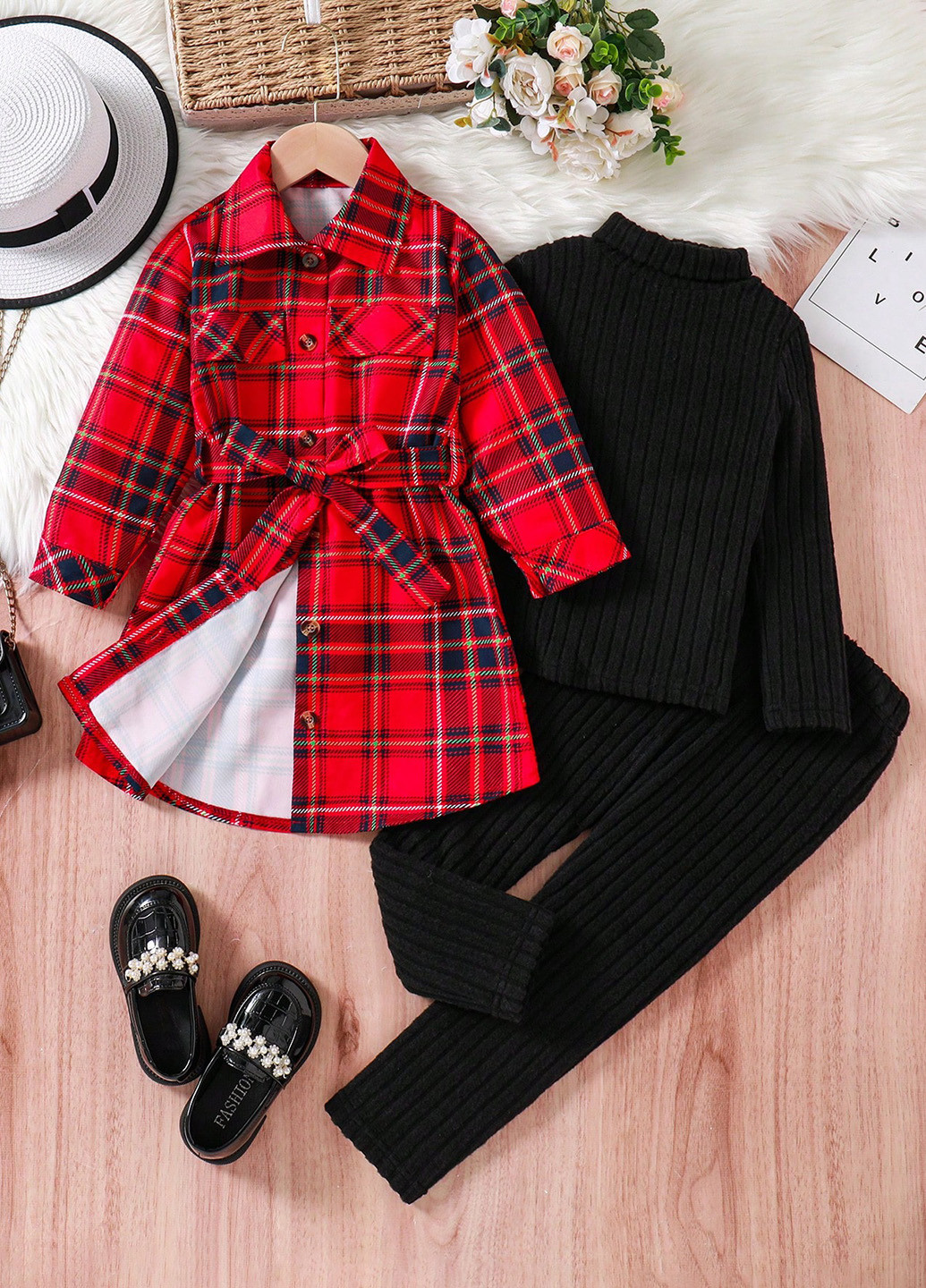 Красный демисезонный комплект (пальто, гольф, брюки) SHEIN