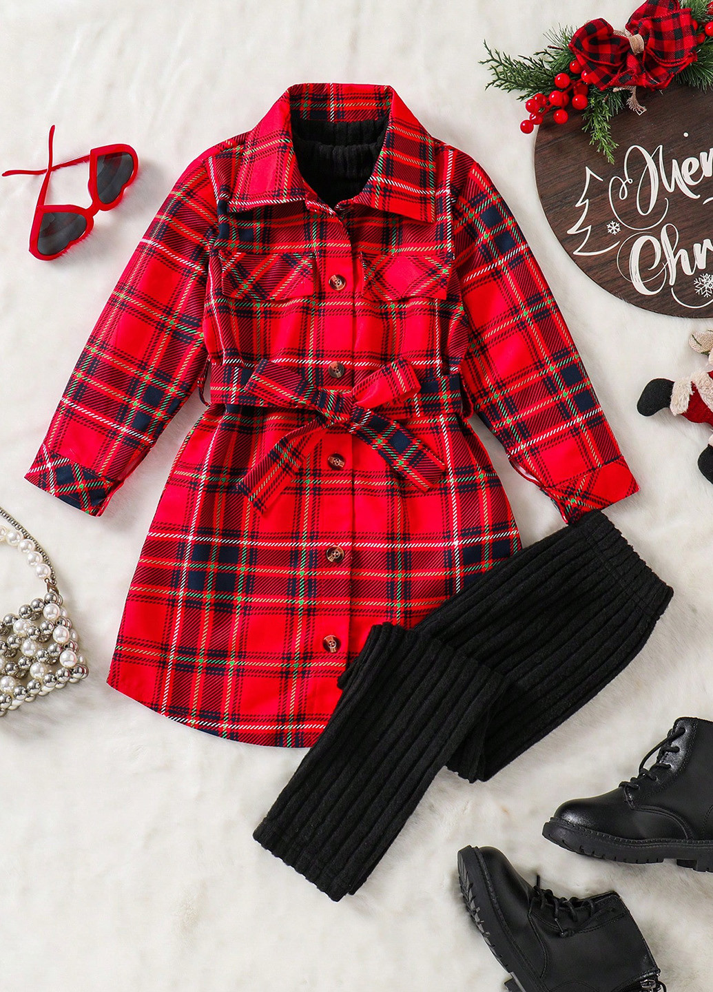 Красный демисезонный комплект (пальто, гольф, брюки) SHEIN