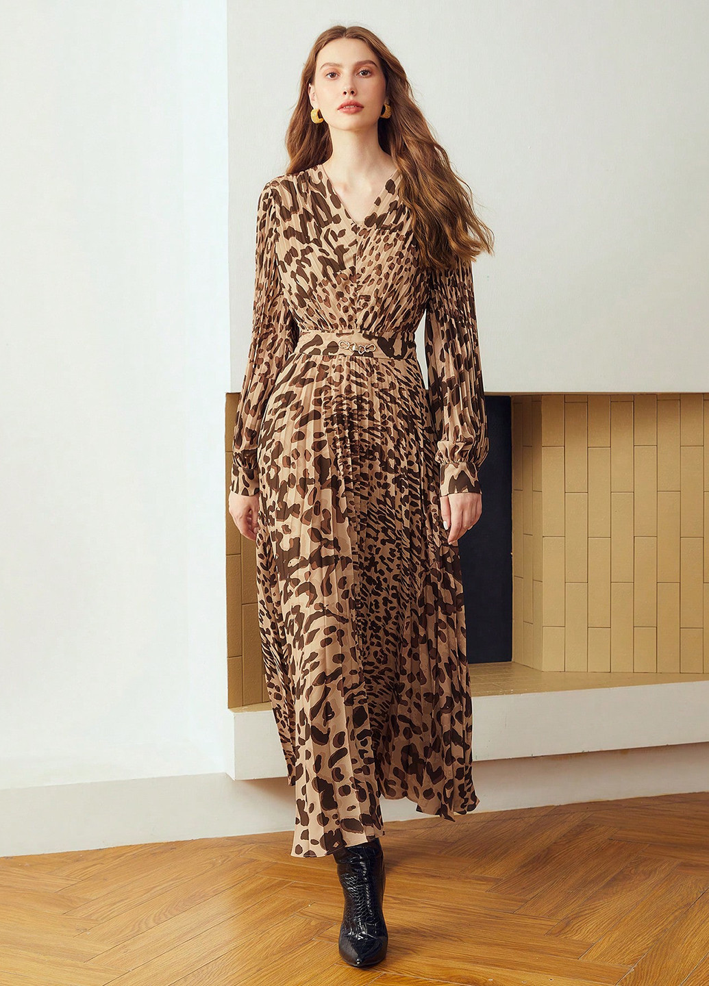 Комбинированное кэжуал платье плиссированное SHEIN леопардовый