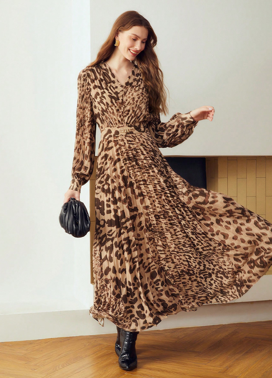 Комбинированное кэжуал платье плиссированное SHEIN леопардовый