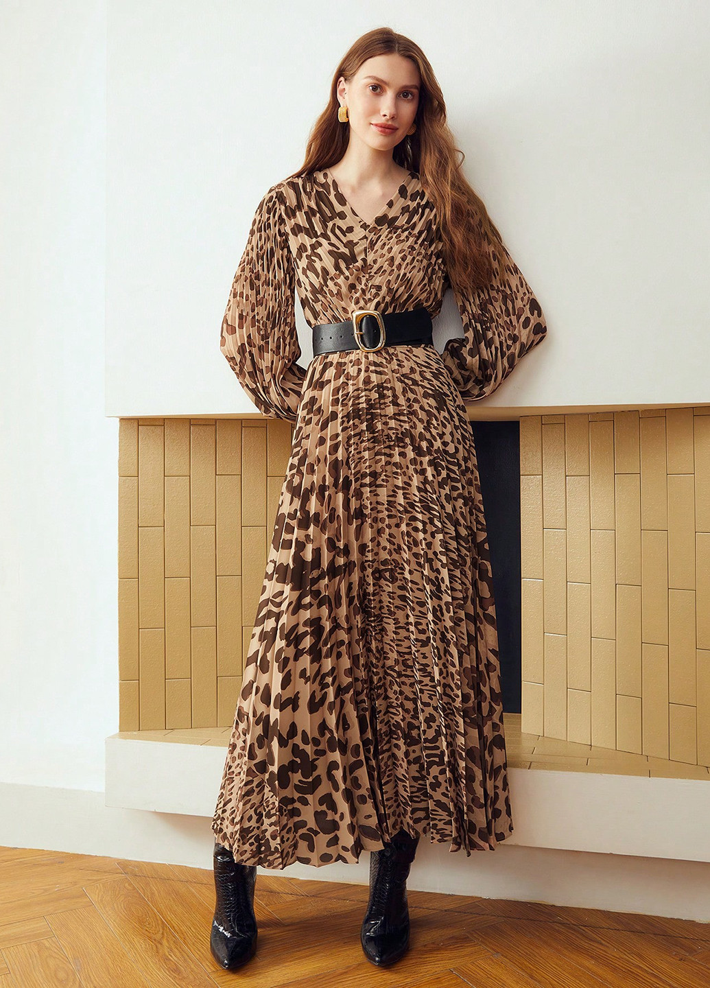 Комбинированное кэжуал платье плиссированное SHEIN леопардовый